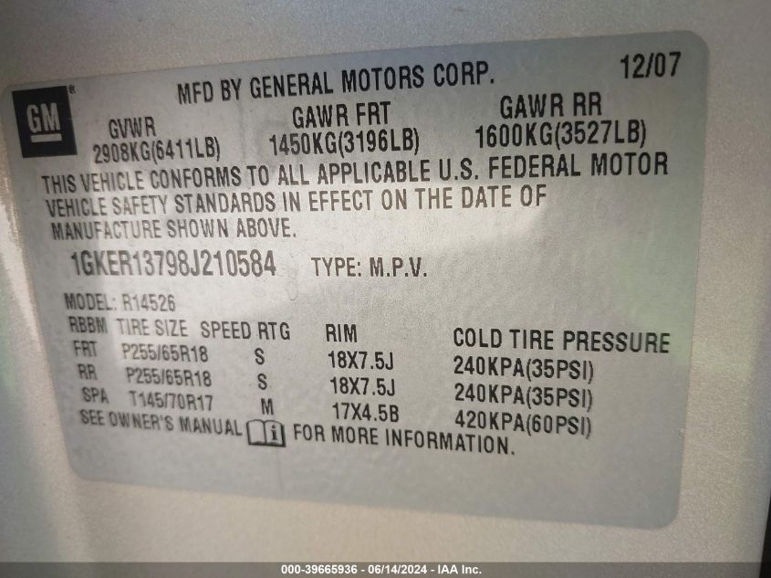 2008 GMC Acadia Sle-1 VIN: 1GKER13798J210584 Lot: 39665936