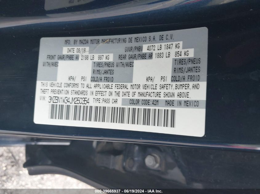 2018 Mazda Mazda3 Grand Touring VIN: 3MZBN1W34JM250354 Lot: 39665937