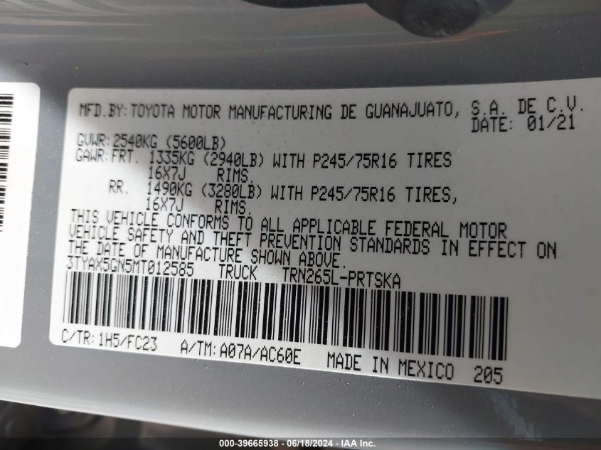 2021 Toyota Tacoma Sr5 VIN: 3TYAX5GN5MT012585 Lot: 39665938