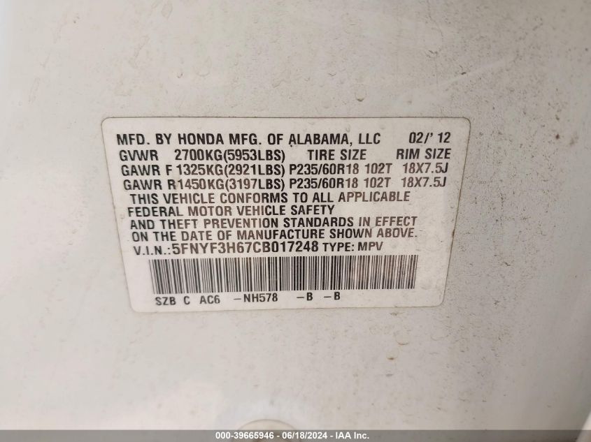 2012 Honda Pilot Ex-L VIN: 5FNYF3H67CB017248 Lot: 39665946