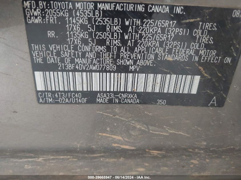 2010 Toyota Rav4 VIN: 2T3BF4DV2AW077809 Lot: 39665947