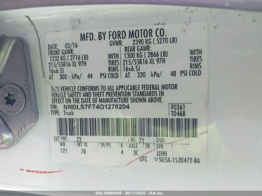 2016 Ford Transit Connect Xlt VIN: NM0LS7F74G1276204 Lot: 39665949