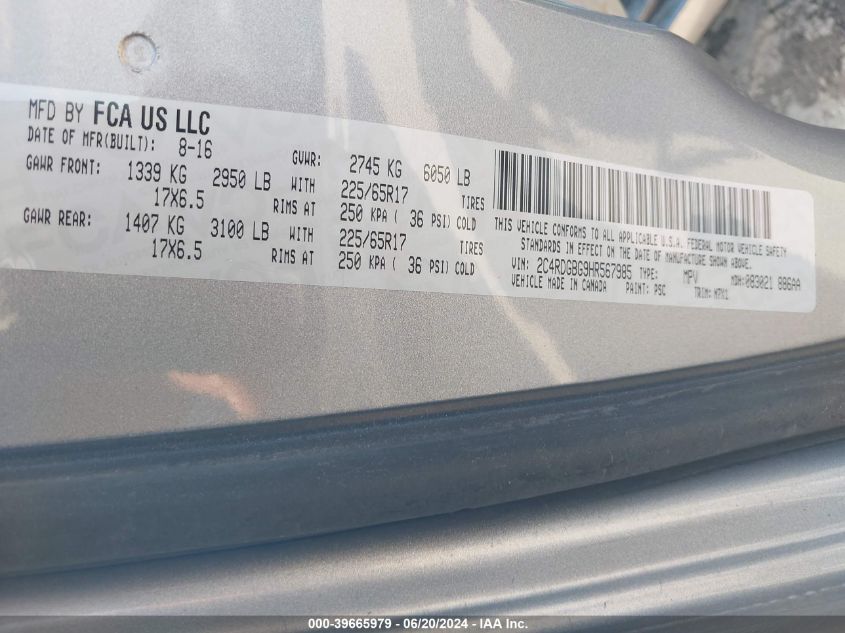 2017 Dodge Grand Caravan Se Plus VIN: 2C4RDGBG9HR567985 Lot: 39665979