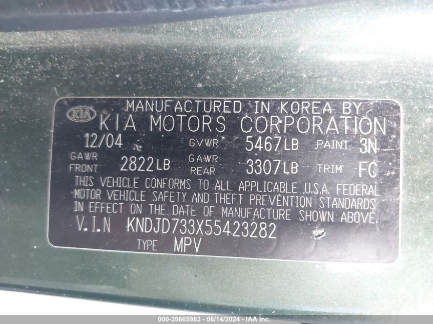 2005 Kia Sorento Ex/Lx VIN: KNDJD733X55423282 Lot: 39665983