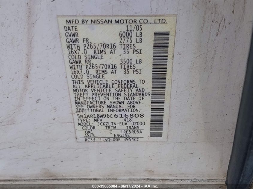 2006 Nissan Pathfinder Se VIN: 5N1AR18W96C616808 Lot: 39665984