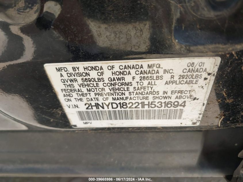 2001 Acura Mdx VIN: 2HNYD18221H531694 Lot: 39665986