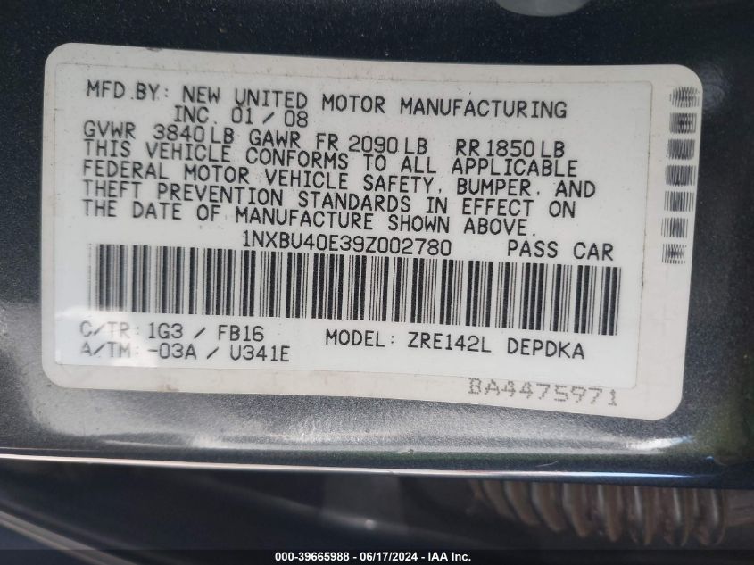 2009 Toyota Corolla Le/S/Xle VIN: 1NXBU40E39Z002780 Lot: 39665988