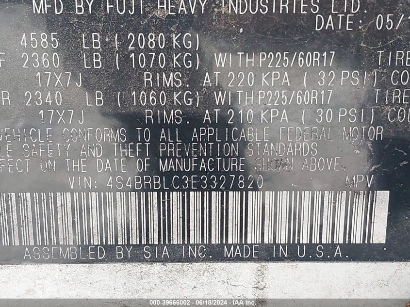 2014 Subaru Outback 2.5I Limited VIN: 4S4BRBLC3E3327820 Lot: 39666002