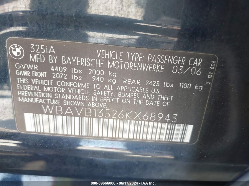 2006 BMW 325I VIN: WBAVB13526KX68943 Lot: 39666008