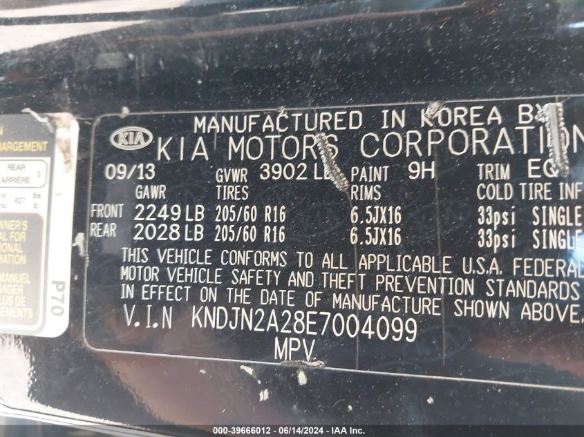 2014 Kia Soul VIN: KNDJN2A28E7004099 Lot: 39666012