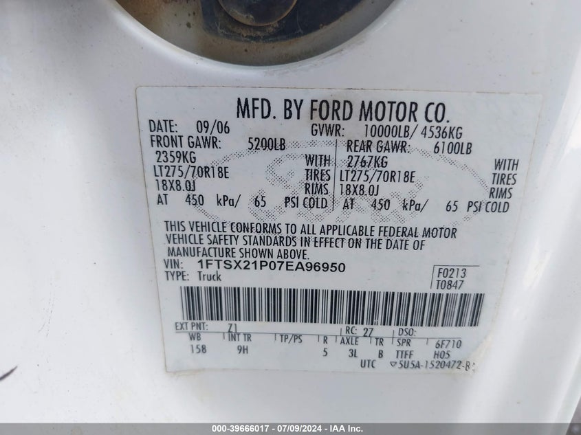 2007 Ford F250 Super Duty VIN: 1FTSX21P07EA96950 Lot: 39666017