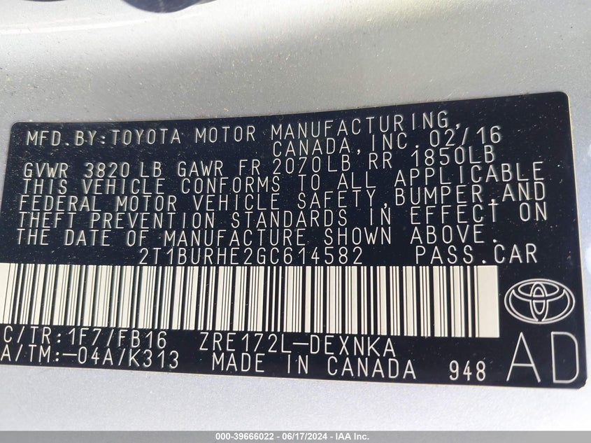 2016 Toyota Corolla Le VIN: 2T1BURHE2GC614582 Lot: 39666022