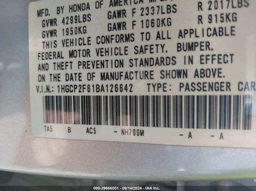 2011 Honda Accord 2.4 Se VIN: 1HGCP2F61BA126642 Lot: 39666051