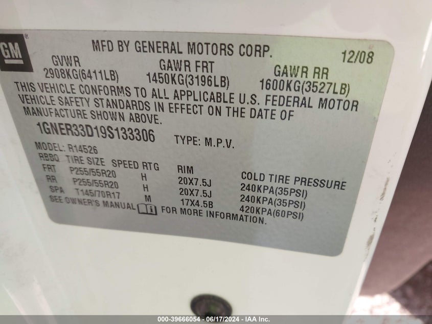 2009 Chevrolet Traverse Ltz VIN: 1GNER33D19S133306 Lot: 39666054