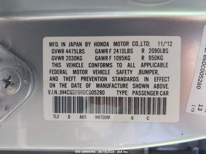 2013 Acura Tsx 2.4 VIN: JH4CU2F66DC005280 Lot: 39666064