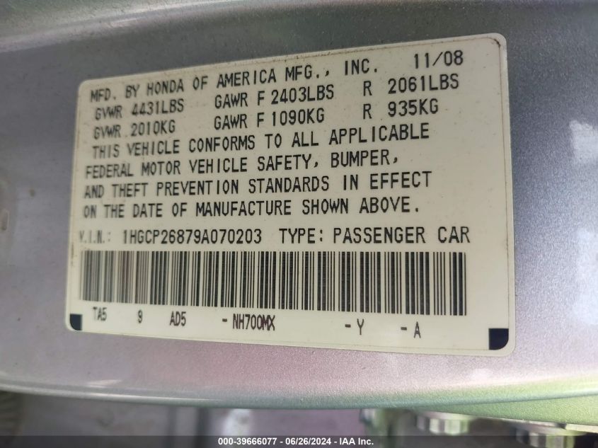 2009 Honda Accord 2.4 Ex-L VIN: 1HGCP26879A070203 Lot: 39666077