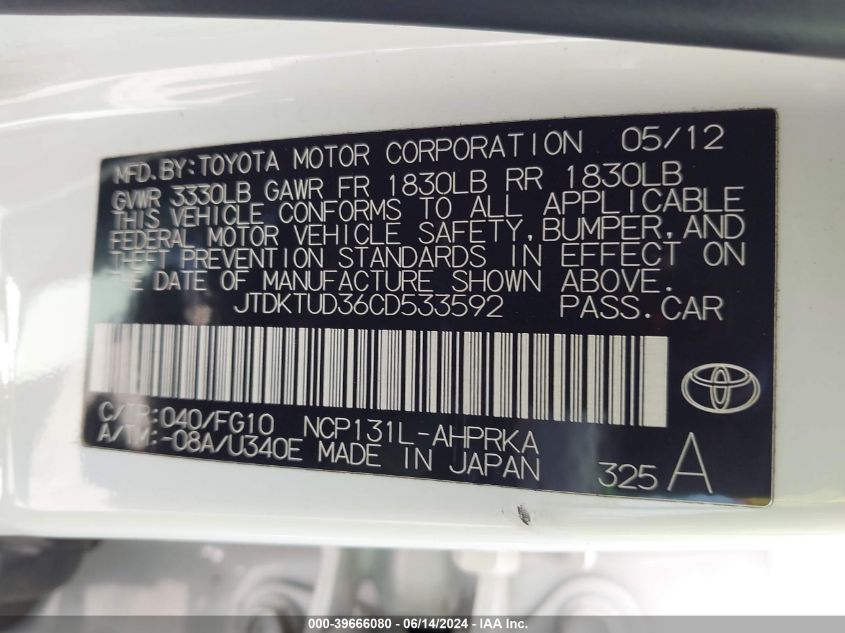 2012 Toyota Yaris L VIN: JTDKTUD36CD533592 Lot: 39666080