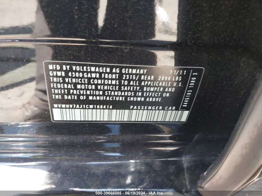 2012 Volkswagen Gti 4-Door VIN: WVWHV7AJ1CW168414 Lot: 39666085