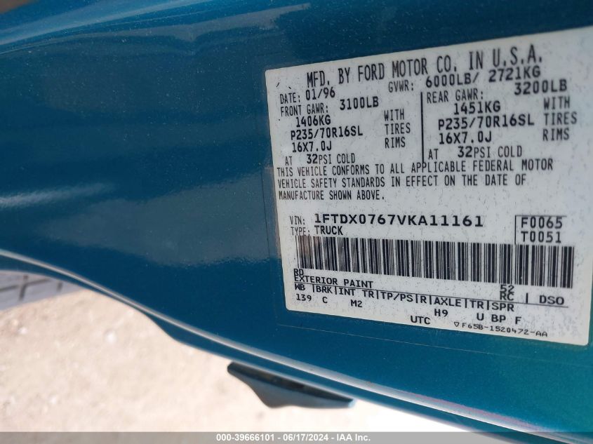 1997 Ford F-150 Lariat/Standard/Xl/Xlt VIN: 1FTDX0767VKA11161 Lot: 39666101