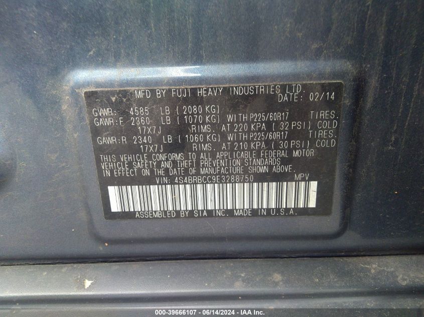2014 Subaru Outback 2.5I Premium VIN: 4S4BRBCC9E3288750 Lot: 39666107