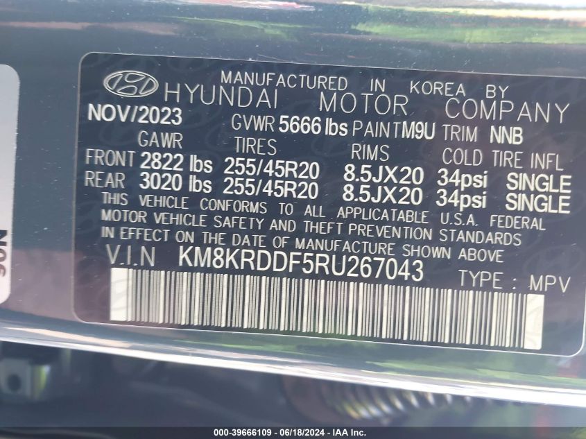 2024 Hyundai Ioniq 5 Limited VIN: KM8KRDDF5RU267043 Lot: 39666109