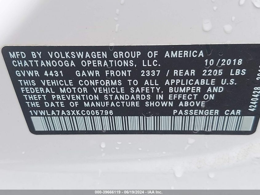 2019 Volkswagen Passat 2.0T Wolfsburg Edition VIN: 1VWLA7A3XKC005796 Lot: 39666119