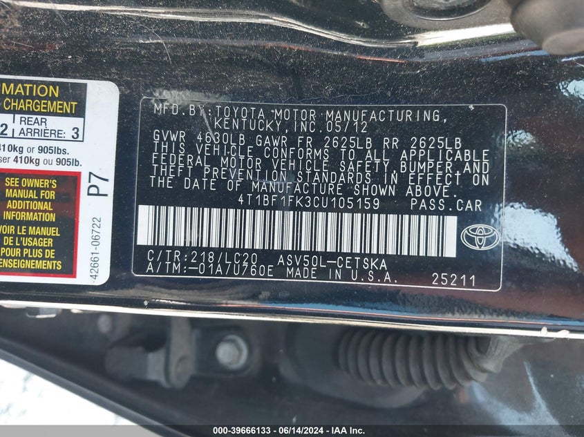 2012 Toyota Camry Se VIN: 4T1BF1FK3CU105159 Lot: 39666133