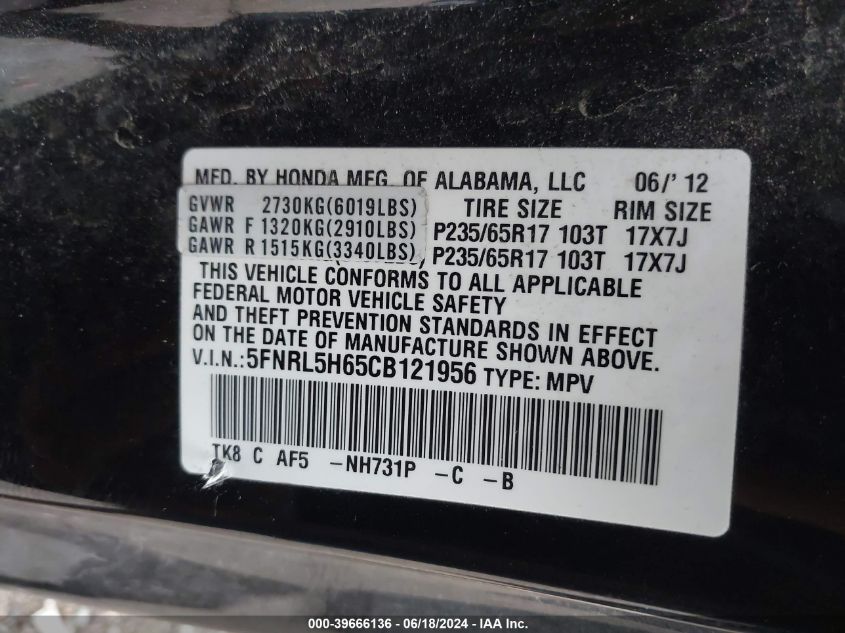 2012 Honda Odyssey Ex-L VIN: 5FNRL5H65CB121956 Lot: 39666136