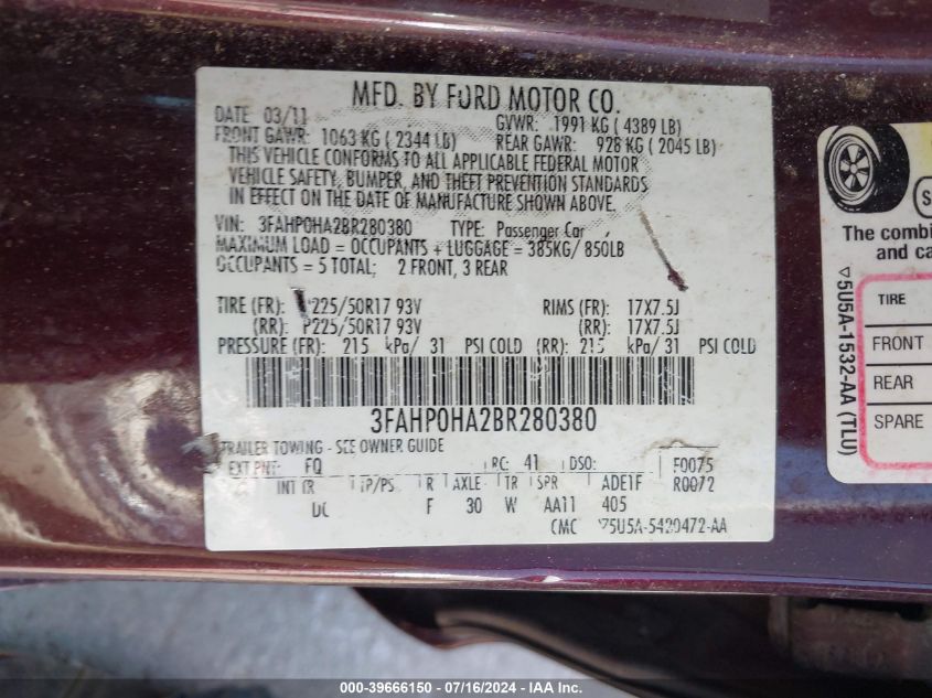 2011 Ford Fusion Se VIN: 3FAHP0HA2BR280380 Lot: 39666150