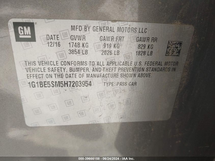 2017 Chevrolet Cruze Lt Auto VIN: 1G1BE5SM5H7203954 Lot: 39666158
