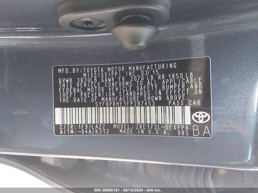 2015 Toyota Corolla Le Eco Premium VIN: 5YFBPRHE1FP287453 Lot: 39666161