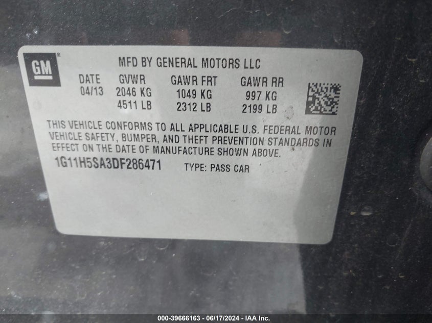 2013 Chevrolet Malibu 1Lz VIN: 1G11H5SA3DF286471 Lot: 39666163