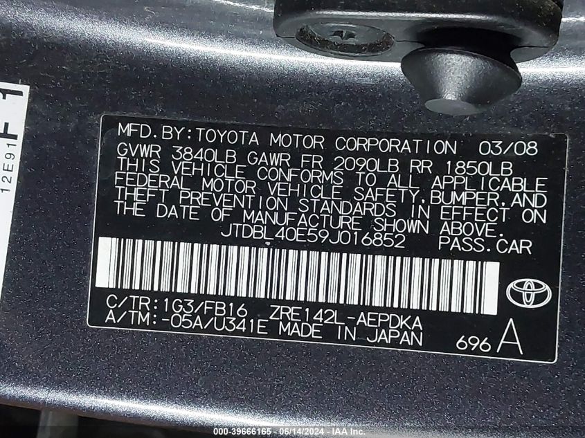 2009 Toyota Corolla Le VIN: JTDBL40E59J016852 Lot: 39666165