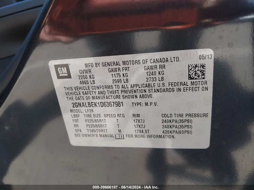2013 Chevrolet Equinox Ls VIN: 2GNALBEK1D6367981 Lot: 39666187
