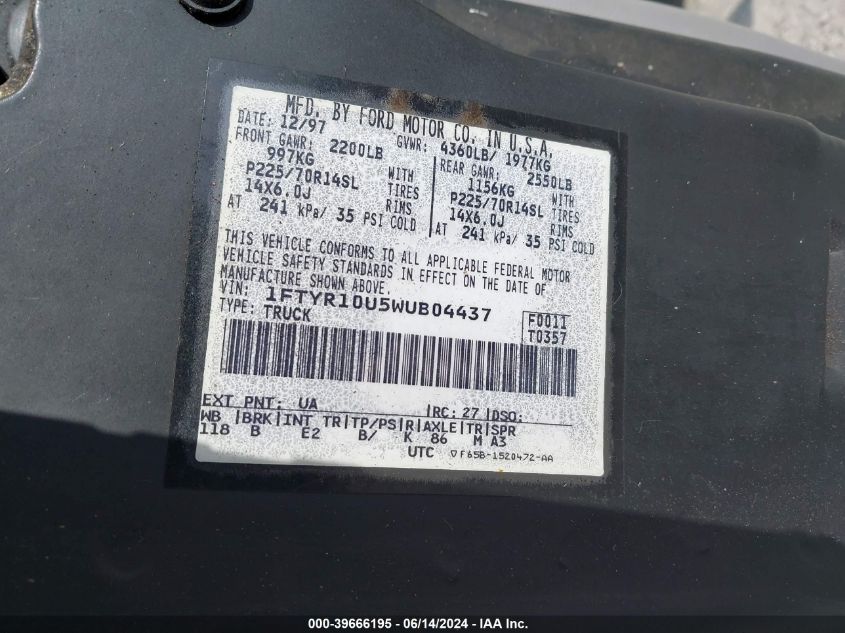 1998 Ford Ranger Splash/Xl/Xlt VIN: 1FTYR10U5WUB04437 Lot: 39666195