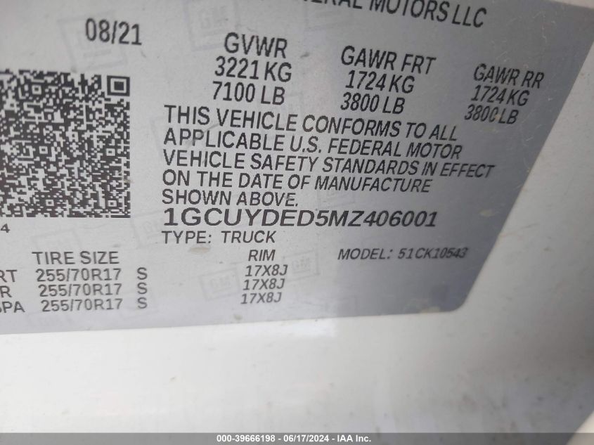 2021 Chevrolet Silverado 1500 4Wd Short Bed Lt VIN: 1GCUYDED5MZ406001 Lot: 39666198