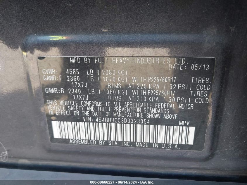 2013 Subaru Outback 2.5I Premium VIN: 4S4BRBCC3D3323054 Lot: 39666227