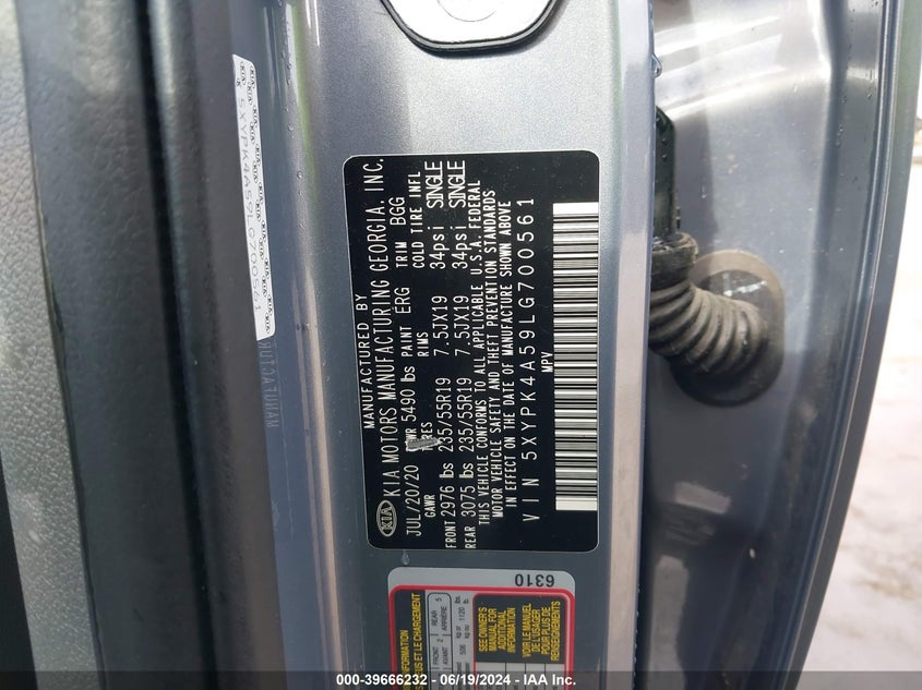 2020 Kia Sorento 3.3L Sx VIN: 5XYPK4A59LG700561 Lot: 39666232