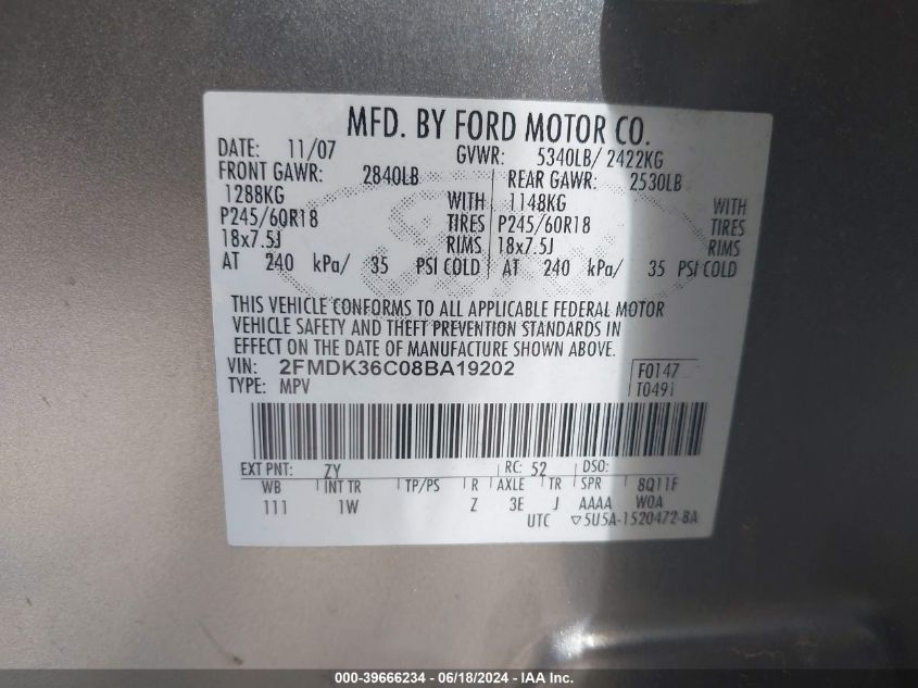 2008 Ford Edge Se VIN: 2FMDK36C08BA19202 Lot: 39666234