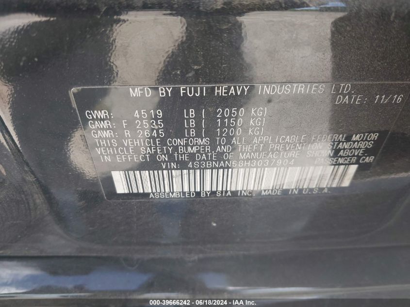 2017 Subaru Legacy 2.5I Limited VIN: 4S3BNAN68H3037904 Lot: 39666242