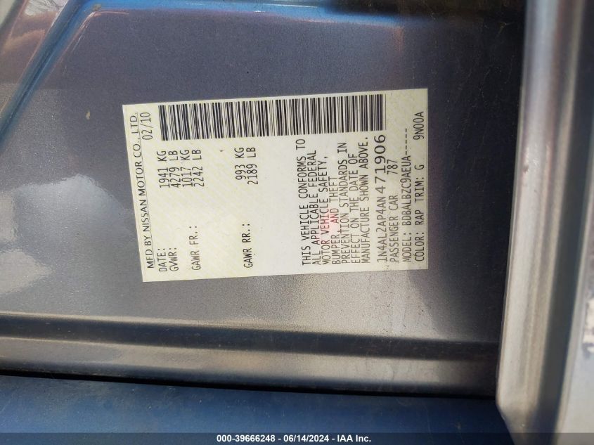 2010 Nissan Altima 2.5 S VIN: 1N4AL2AP4AN471906 Lot: 39666248