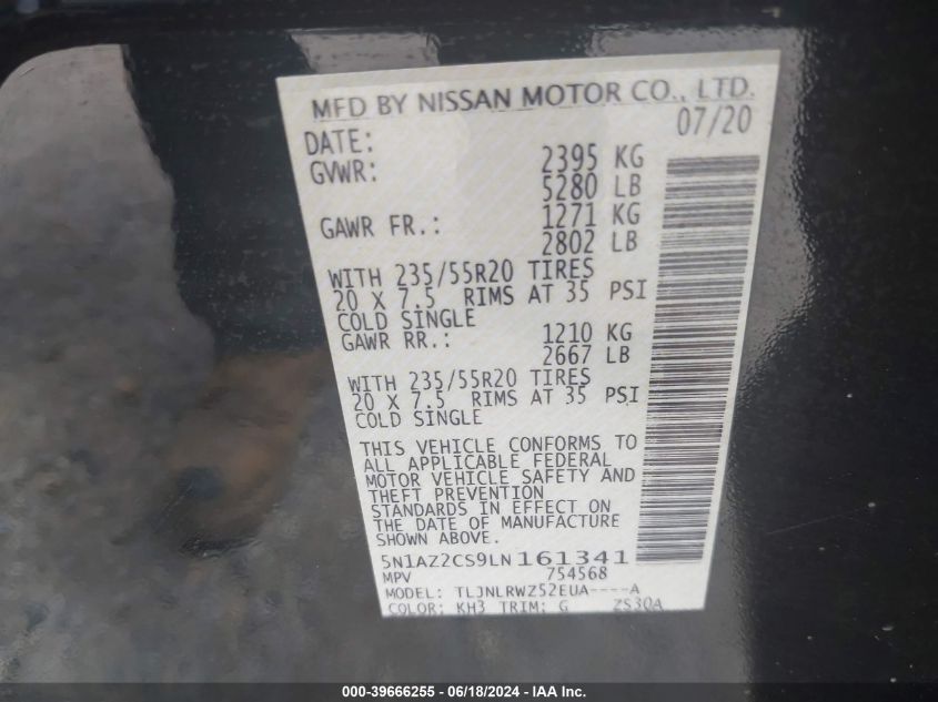 2020 Nissan Murano Sl Intelligent Awd VIN: 5N1AZ2CS9LN161341 Lot: 39666255