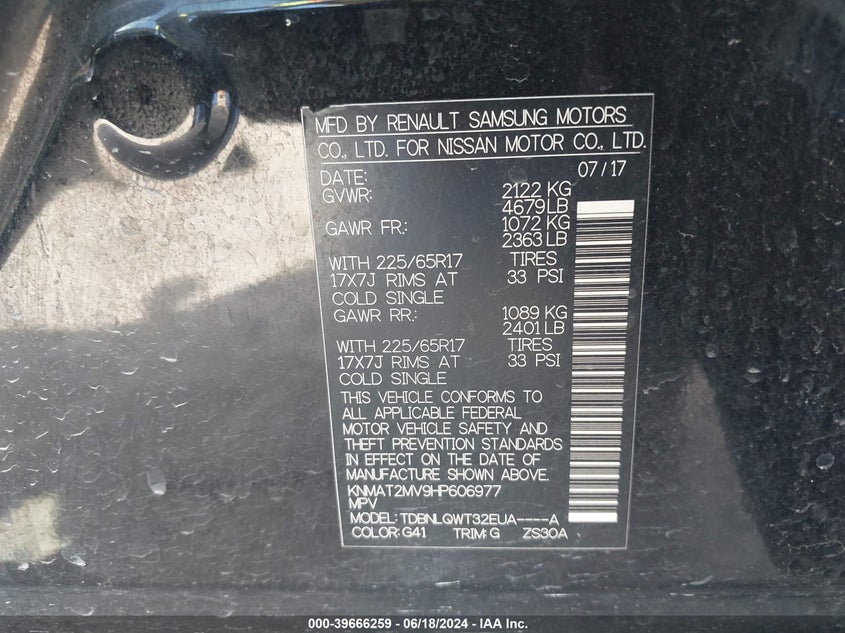 2017 Nissan Rogue Sv VIN: KNMAT2MV9HP606977 Lot: 39666259