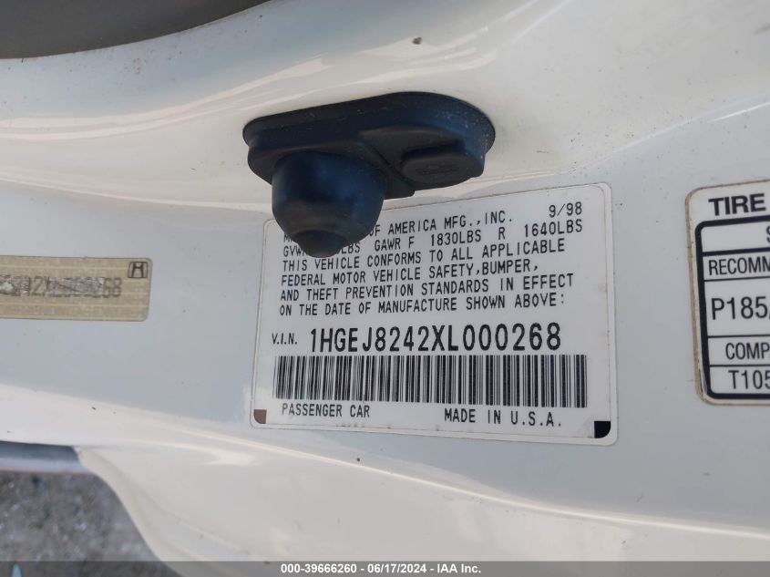 1999 Honda Civic Ex VIN: 1HGEJ8242XL000268 Lot: 39666260