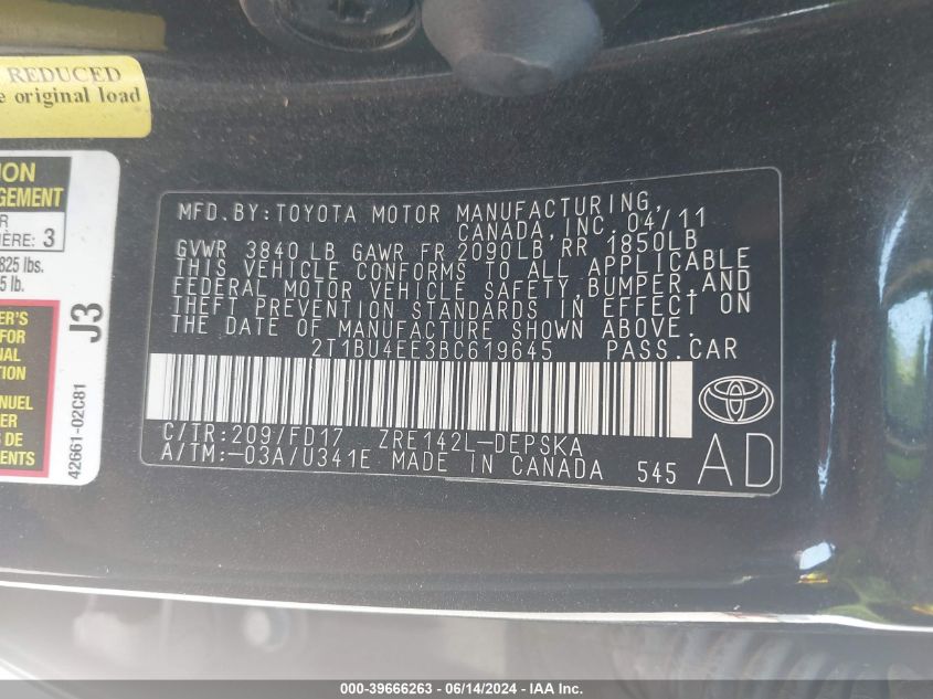 2011 Toyota Corolla S VIN: 2T1BU4EE3BC619645 Lot: 39666263