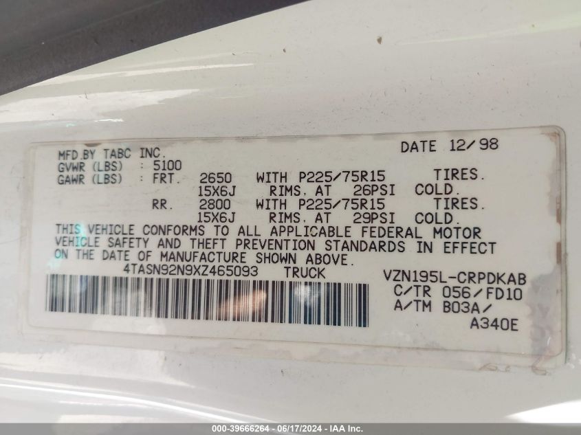 1999 Toyota Tacoma Prerunner V6 VIN: 4TASN92N9XZ465093 Lot: 39666264