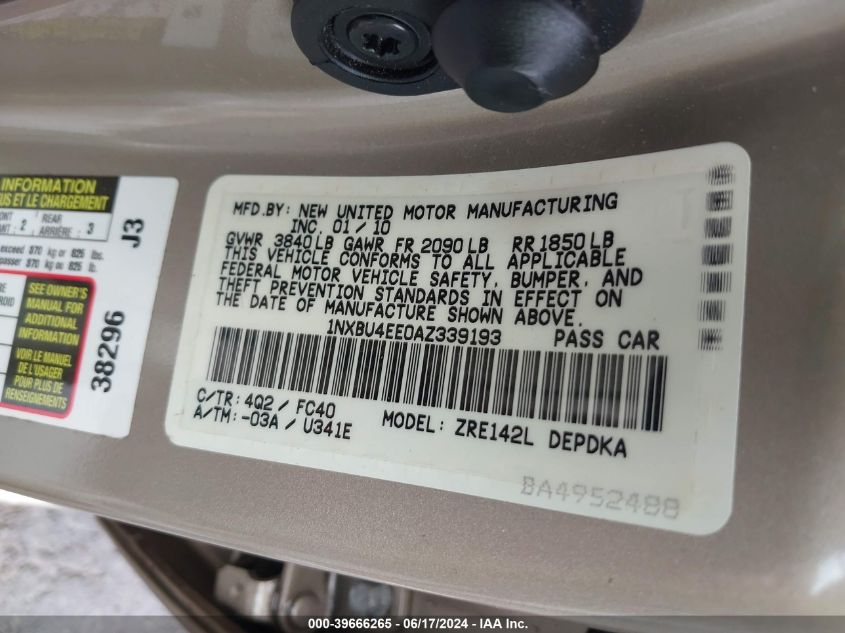 2010 Toyota Corolla Le VIN: 1NXBU4EE0AZ339193 Lot: 39666265