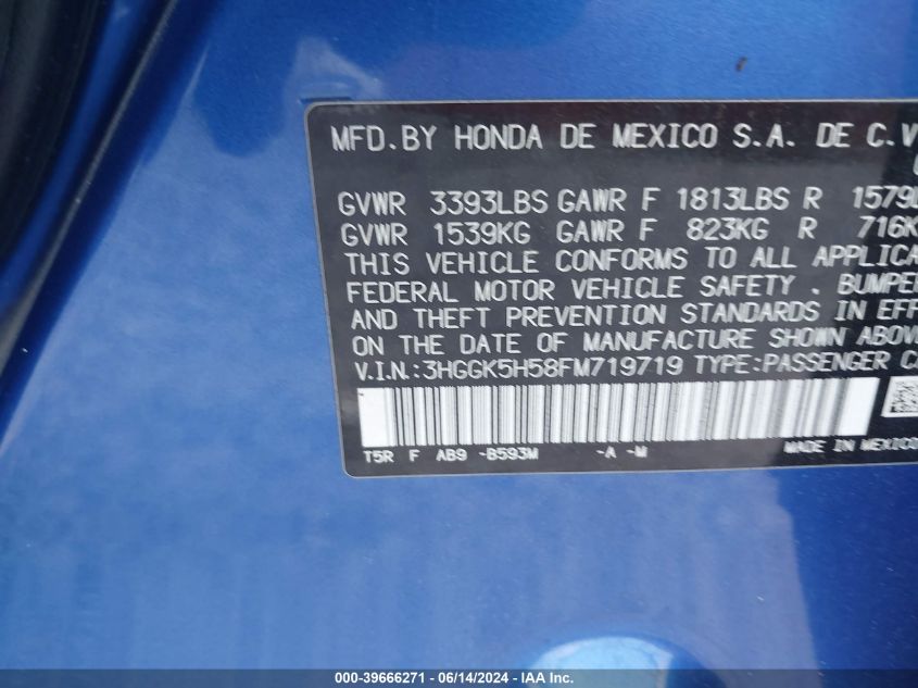 2015 Honda Fit Lx VIN: 3HGGK5H58FM719719 Lot: 39666271