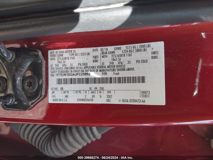 2018 Ford F-150 Xlt VIN: 1FTEW1EG4JFC25892 Lot: 39666274
