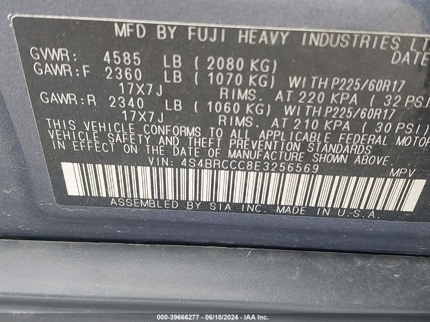 2014 Subaru Outback 2.5I Premium VIN: 4S4BRCCC8E3256569 Lot: 39666277